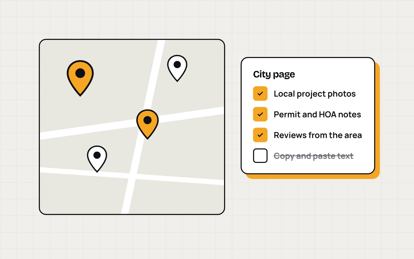 Illustration of a map with pins next to a city page checklist