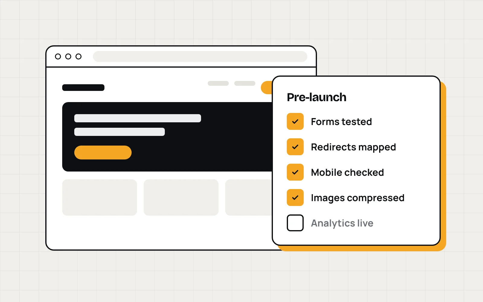 Illustration of a website next to a pre-launch checklist