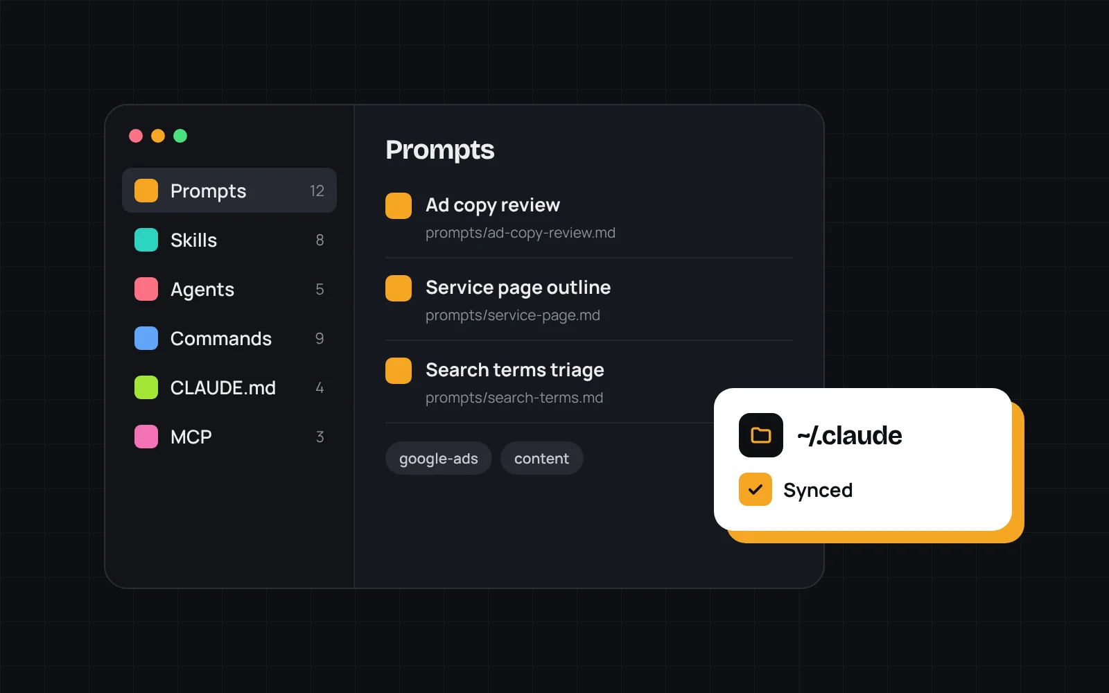 Illustration of the Quiver app showing a library of prompts, skills, agents, and commands, with a card showing the ~/.claude folder synced