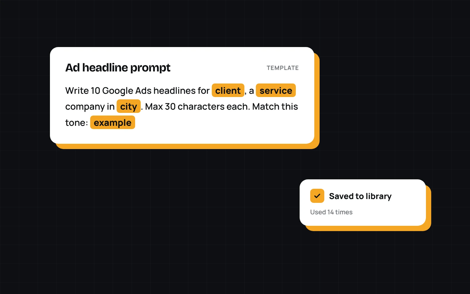 Illustration of a reusable prompt template with client, service, and city variables