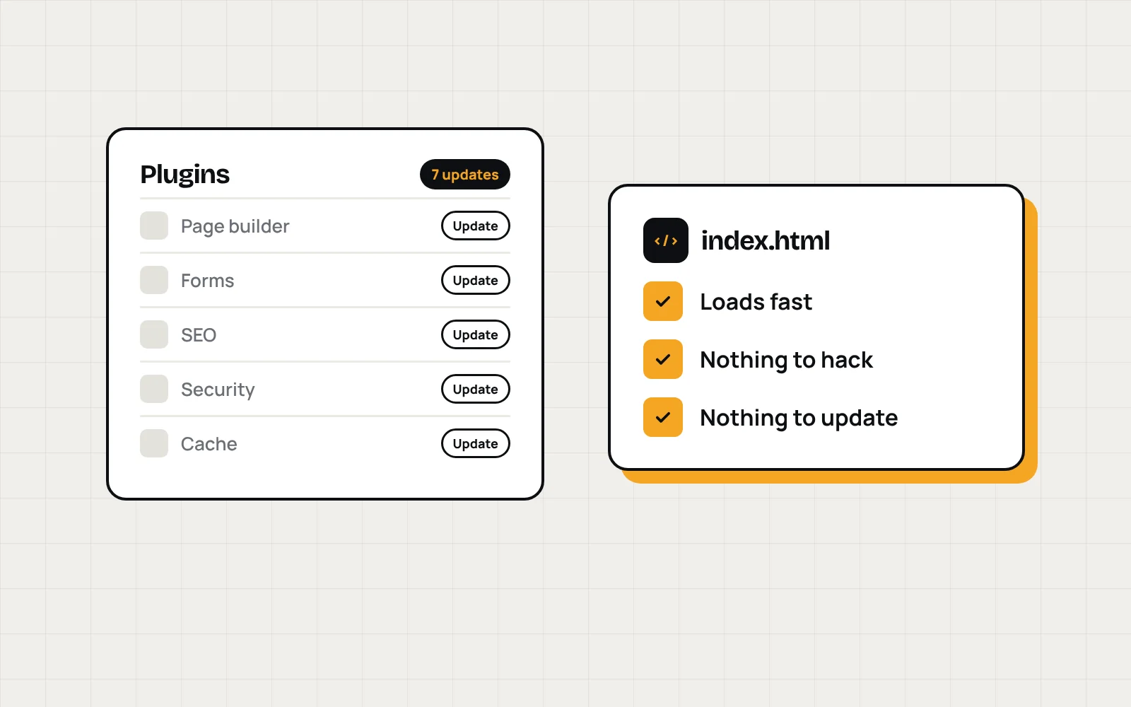 Illustration comparing a WordPress plugin list that needs updates with a fast static site