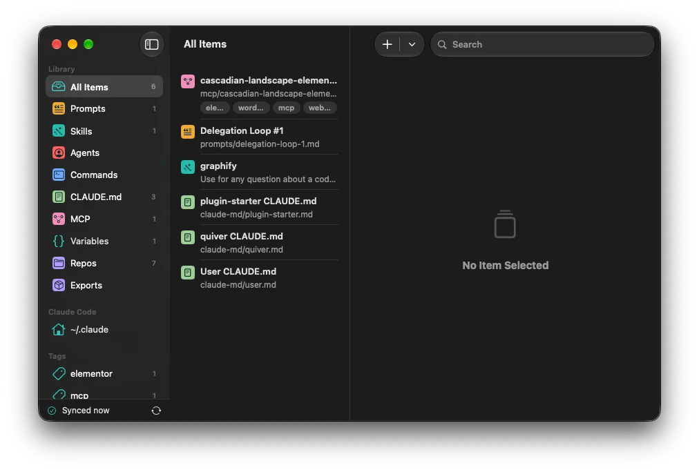 Quiver app window showing the All Items library with prompts, skills, and CLAUDE.md files